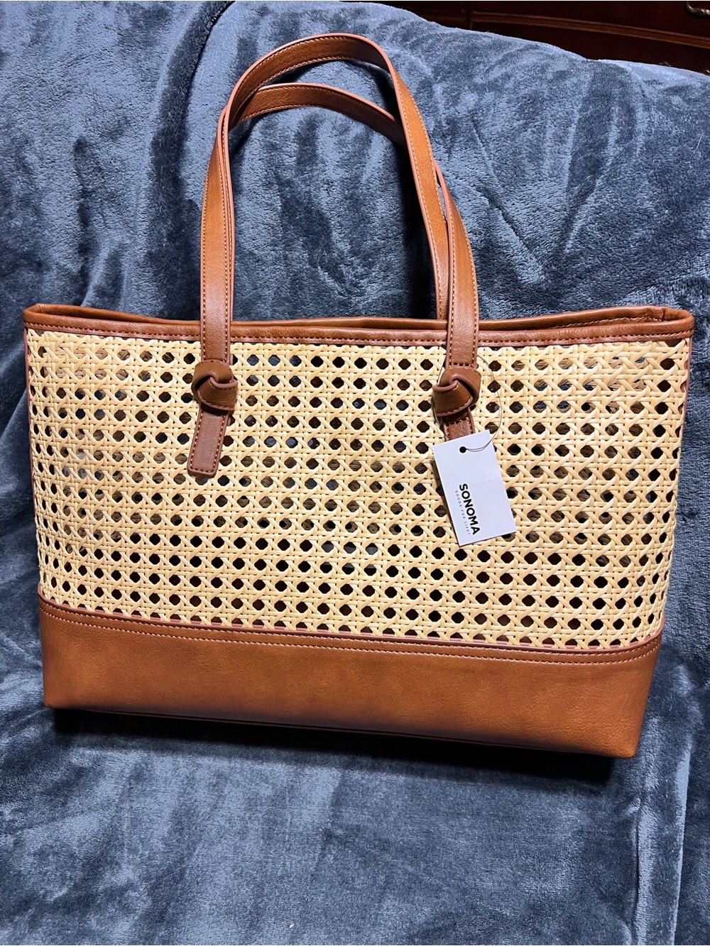 SONOMA Woven Rattan Wicker Tote Bag in Brown and Natural